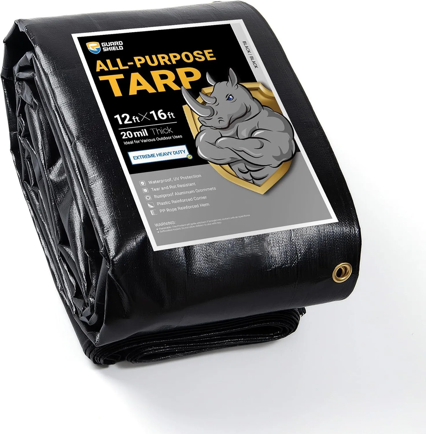 GUARD SHIELD Extreme Heavy Duty Black Poly Tarp 12x16 Feet Cover Waterproof Tarps 20mil Thick UV and Tear Resistant Tarpaulin