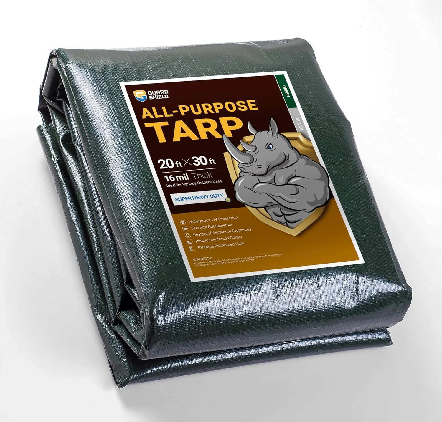 GUARD SHIELD Super Heavy Duty Green/Silver Poly Tarp Cover 20x30 Feet Waterproof 16mil Thick UV and Tear Resistant Tarpaulin with Grommets and Reinforced Edges