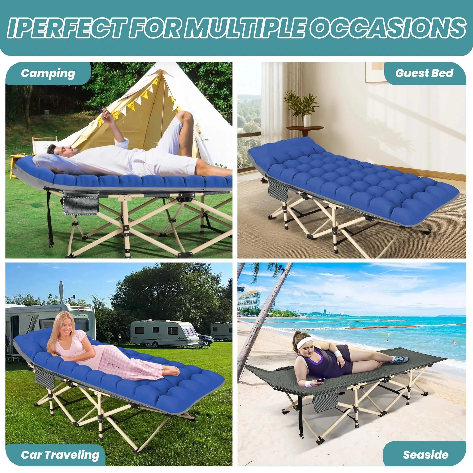 GVDV Folding Camping Cot, Comfort Soft Pad and 1200D Double Layer Oxford Sleeping Cot, Portable Folding Bed Cot for Camp Office Nap Beach Travel