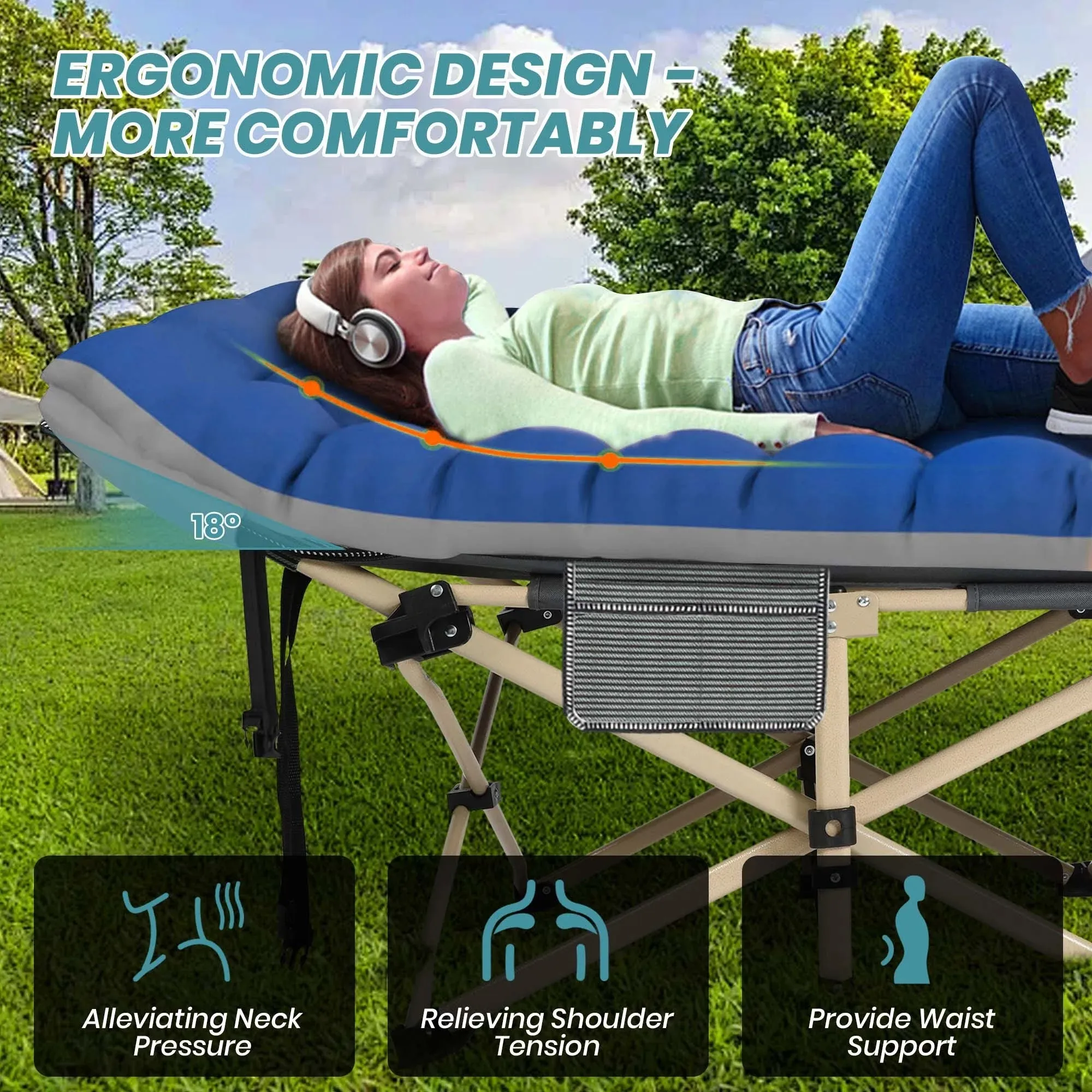 GVDV Folding Camping Cot, Comfort Soft Pad and 1200D Double Layer Oxford Sleeping Cot, Portable Folding Bed Cot for Camp Office Nap Beach Travel