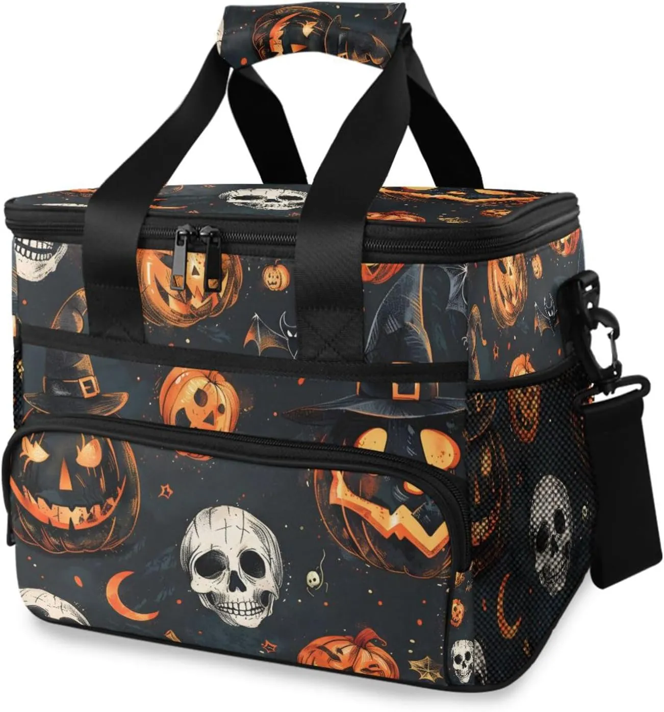 Halloween Pumpkin Skull Black Cooler Bag Insulated Cooler Soft Sided Cooler 24 Can Portable Picnic Bag Large Leakproof Lunch Bag Box for Beach Grocery Camping Travel Car Men Women