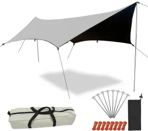 Hammock Rain Fly, 16x15ft Camping Tarp with 8 Wind Ropes and 8 Ground Nails, 210D Oxford Plaid Fabric Waterproof Survival Tent Tarp for Outdoors, Camping, Hiking, Picnic, Backpacking