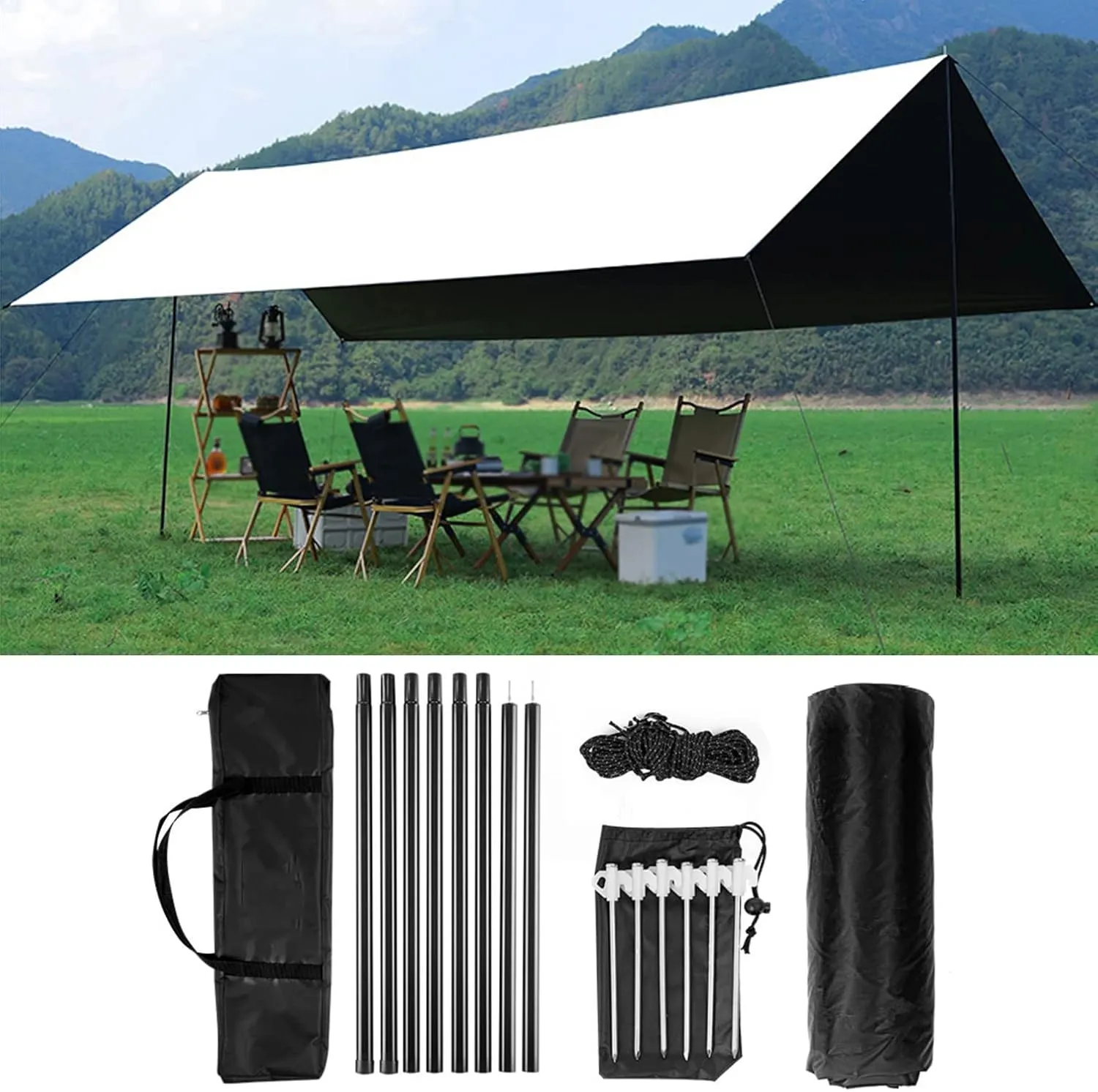 Hammock Rain Fly Tent Tarp,300x500cm Waterproof Windproof Snowproof Camping Tarp,Camping Outdoor Travel Portable Lightweight Anti-UV Sun Shelter,8 Stakes 8 Ropes  Bag (Green) (White)