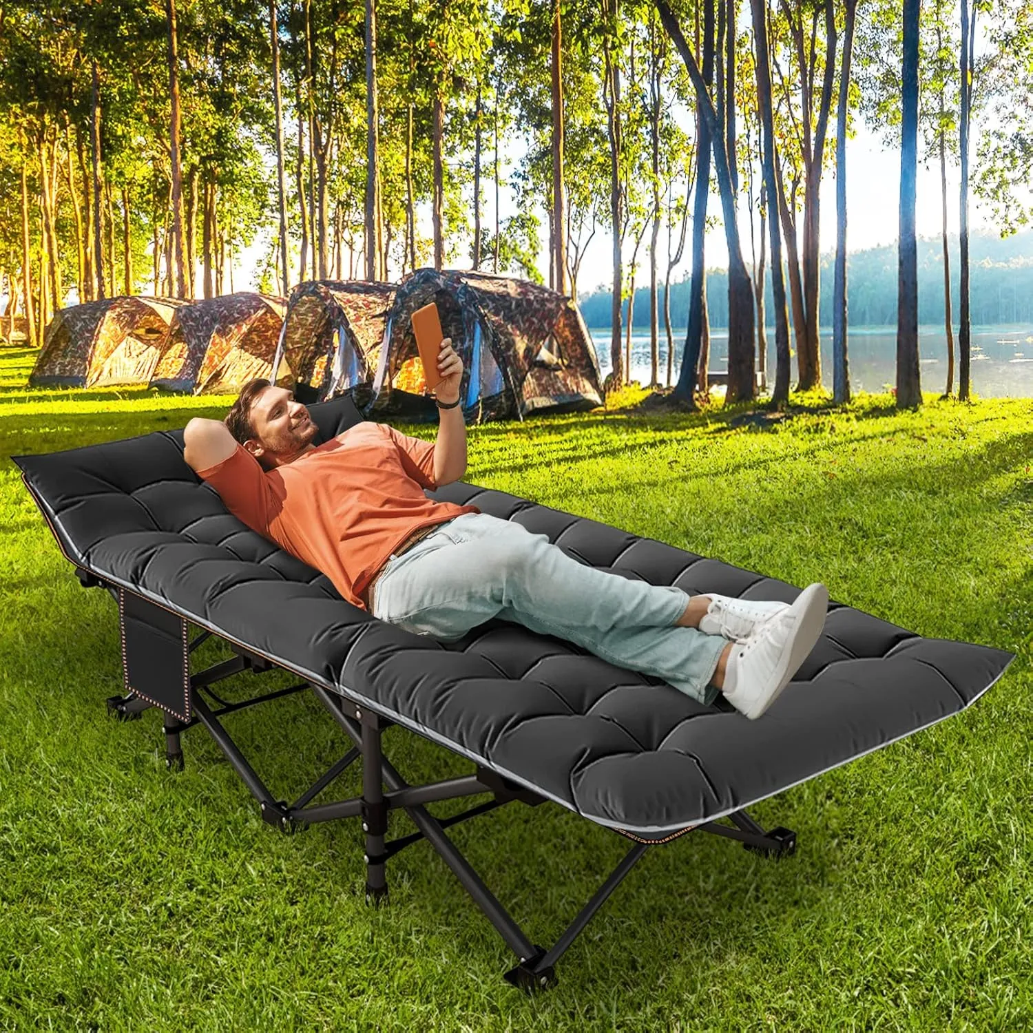 H&ZT Oversized Adults Sleeping Camping Cot with Mattress, Camping Portable Bed Frame Cot for Guests Adults Rollaway Bed