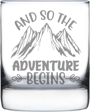 Hand Engraved 10oz Rocks Glass Adventure Begins Mountain Etched Gift Idea, Unique Drinking Glass, Wilderness Lover Gift, Camping Decor