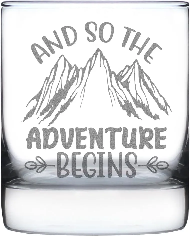 Hand Engraved 10oz Rocks Glass Adventure Begins Mountain Etched Gift Idea, Unique Drinking Glass, Wilderness Lover Gift, Camping Decor