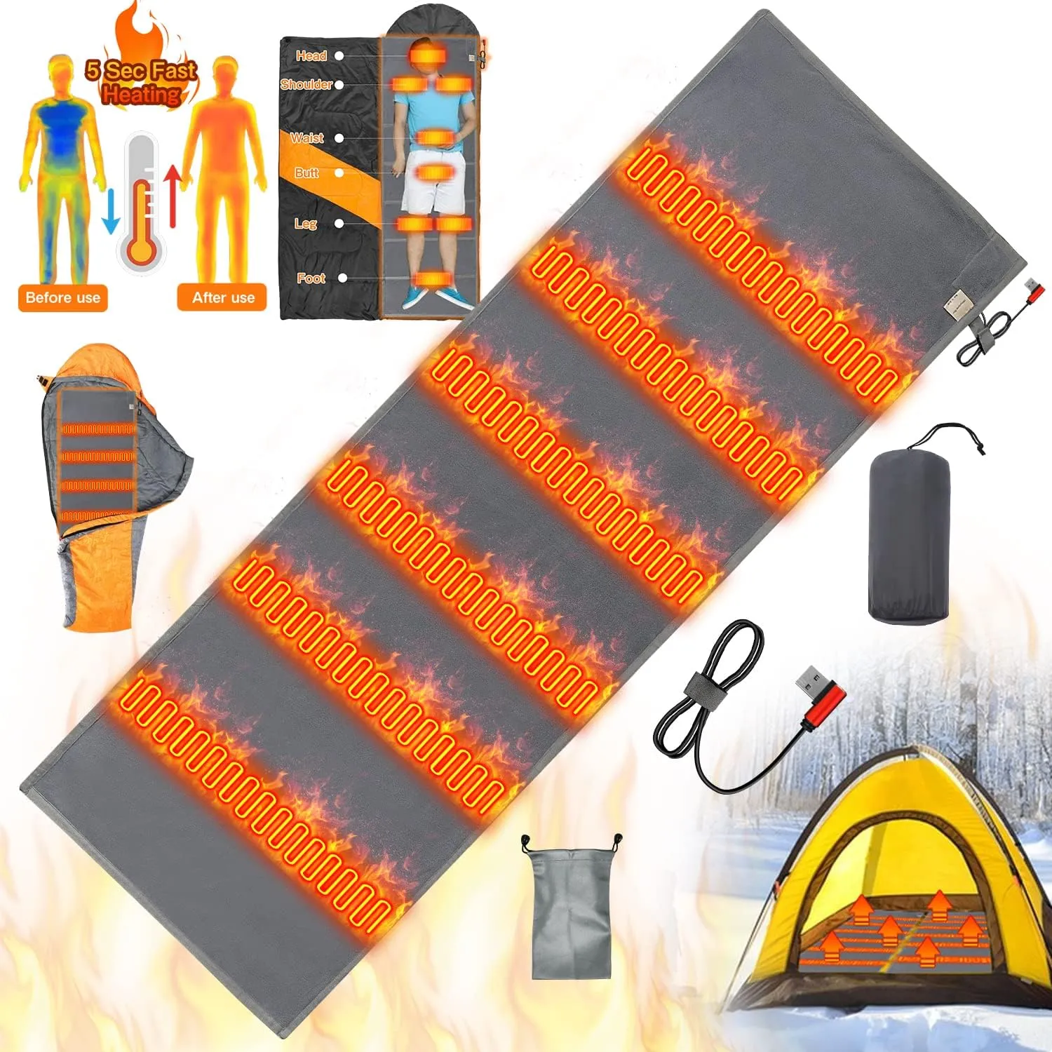 Heated Camping Sleeping Bag Pad - USB Heating Liner for Backpacking Camping Electric Sleeping Bag Heater