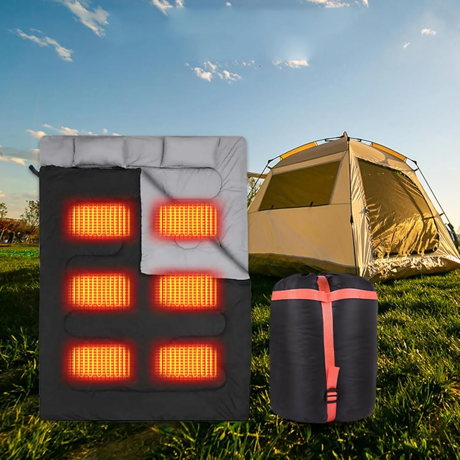 Heated Double Sleeping Bag for Adults, Season Queen Size - Person Electric Camping Bag for Cold Weather, Hiking, Backpacking - Warm and Cozy Sleep System