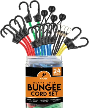 Heavy Duty 24pc Bungee Cord Set with Hooks, Canopy Ties, Luggage Net & Organizer Bag - Assorted Sizes (18", 24", 32", 40") for Outdoor, Bike Racks, Motorcycles