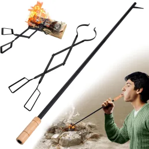 Heavy Duty Fire Tongs and Pokers Set - 45in Extra Long Blow Poker, 25in Firewood Log Grabber, Portable Fire Pit Tools for Campfire Fireplace Bonfires Wood Stove