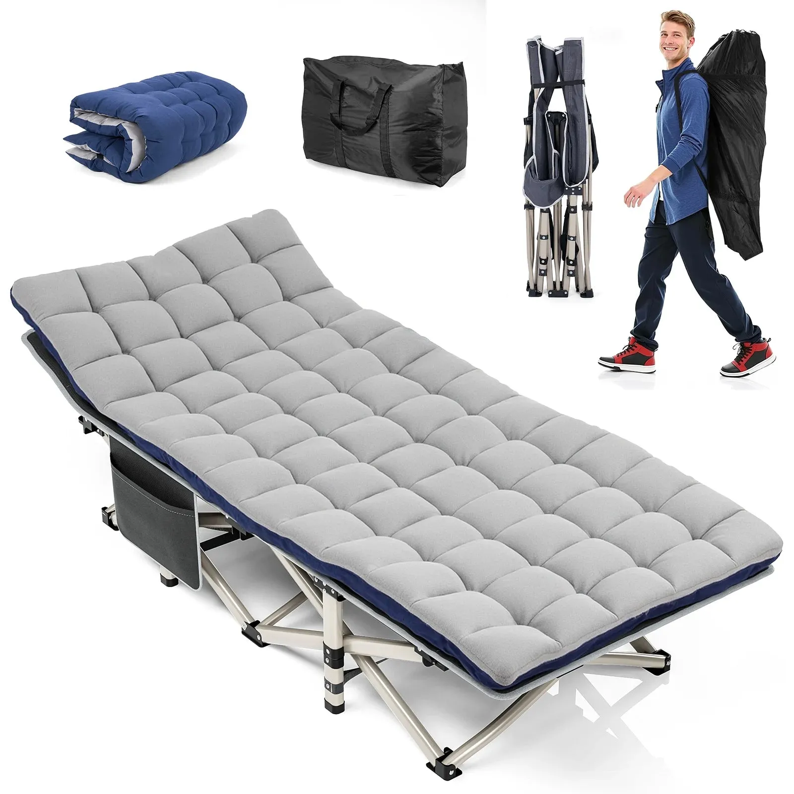 Heavy-Duty Folding Camping Cot with Mattress – Outdoor Bed for Adults with Carry Bag, 1200D Oxford Fabric Travel Cot