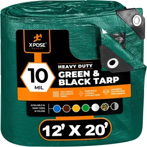 Heavy Duty Poly Tarp 12 Feet x 20 Feet 10 Mil Thick Waterproof, UV Blocking Protective Cover - Reversible Green and Black - Laminated Coating - Grommets - by Xpose Safety