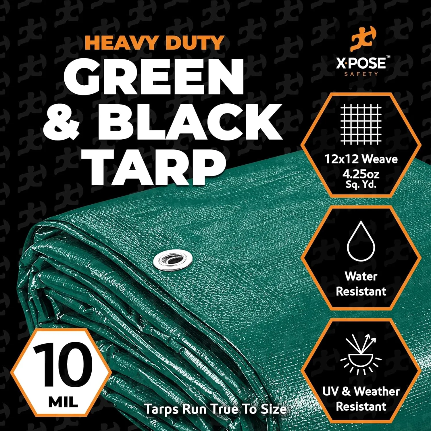 Heavy Duty Poly Tarp 12 Feet x 20 Feet 10 Mil Thick Waterproof, UV Blocking Protective Cover - Reversible Green and Black - Laminated Coating - Grommets - by Xpose Safety