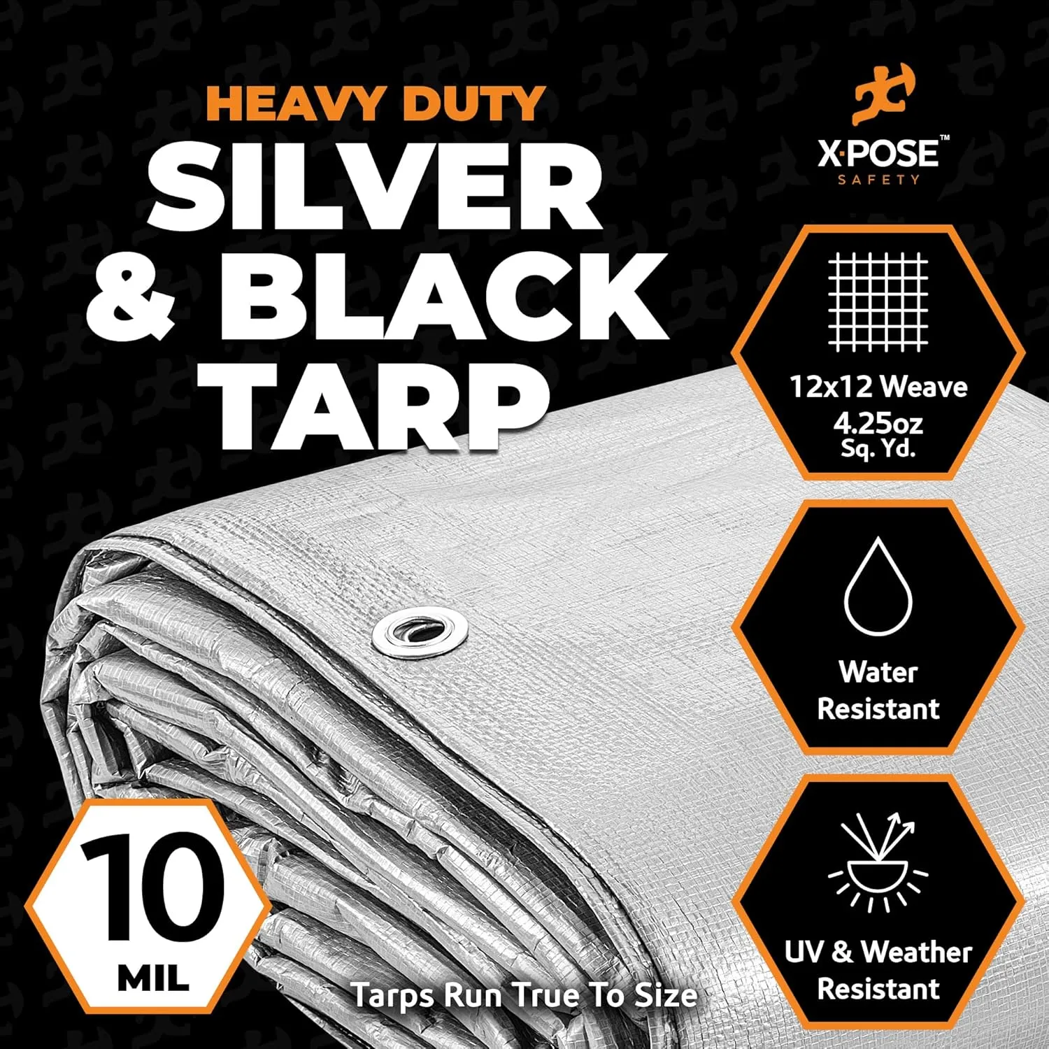 Heavy Duty Poly Tarp - 12' X 14' -10 Mil Thick Waterproof, UV Blocking Protective Cover - Reversible Silver and Black - Laminated Coating - Grommets - by Xpose Safety