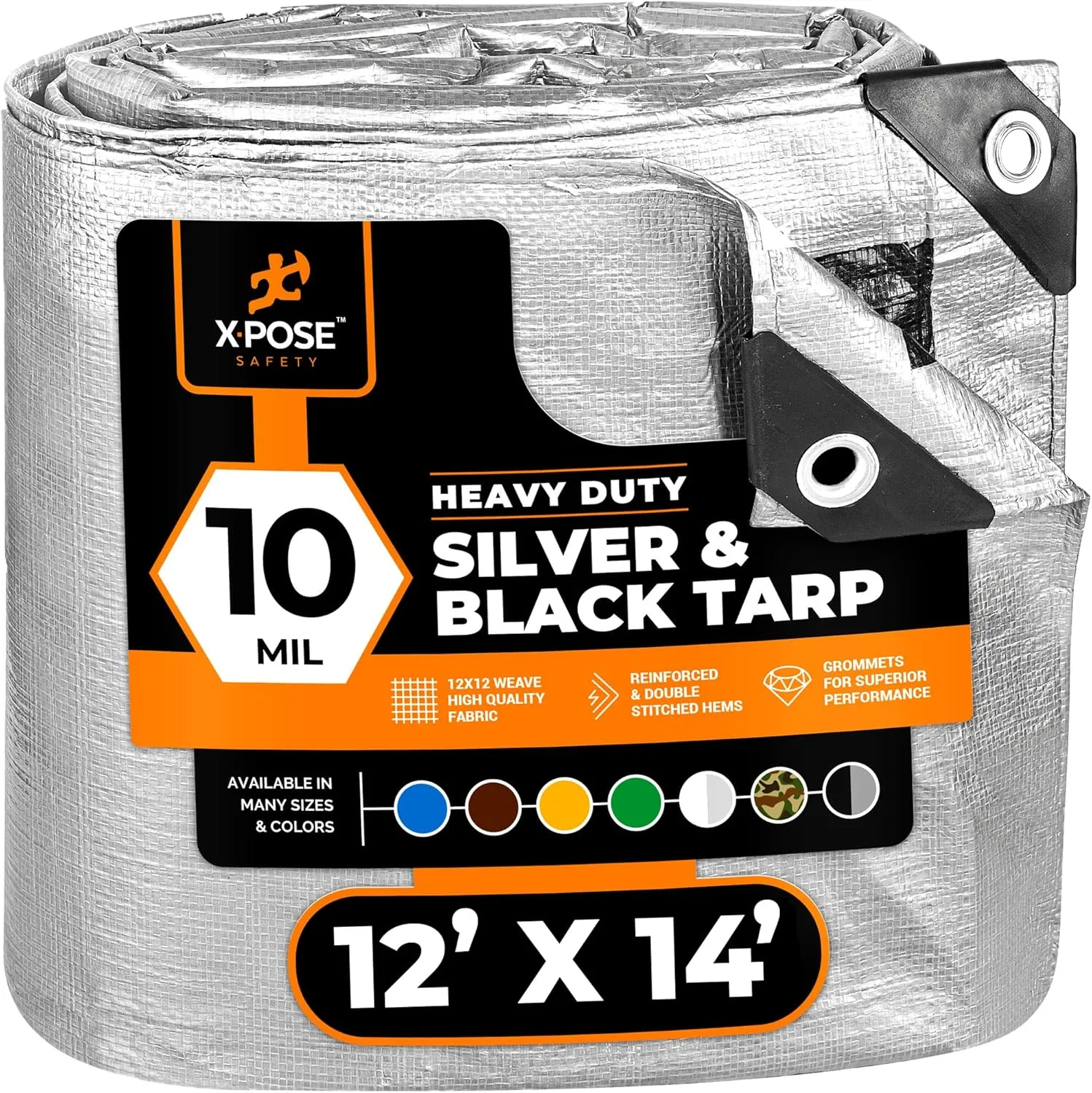Heavy Duty Poly Tarp - 12' X 14' -10 Mil Thick Waterproof, UV Blocking Protective Cover - Reversible Silver and Black - Laminated Coating - Grommets - by Xpose Safety