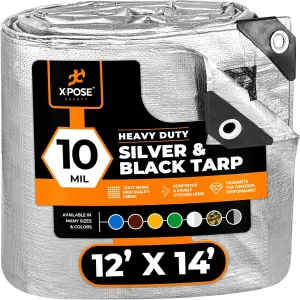 Heavy Duty Poly Tarp - 12' X 14' -10 Mil Thick Waterproof, UV Blocking Protective Cover - Reversible Silver and Black - Laminated Coating - Grommets - by Xpose Safety