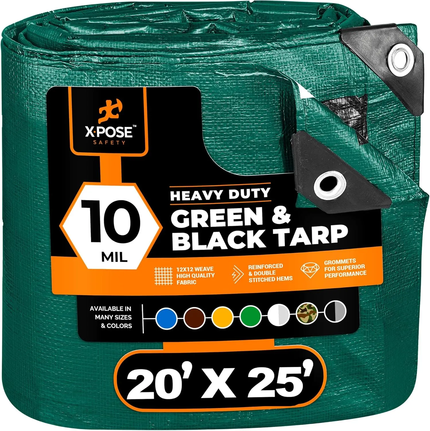 Heavy Duty Poly Tarp 20 Feet x 25 Feet 10 Mil Thick Waterproof, UV Blocking Protective Cover - Reversible Green and Black - Laminated Coating - Grommets - by Xpose Safety