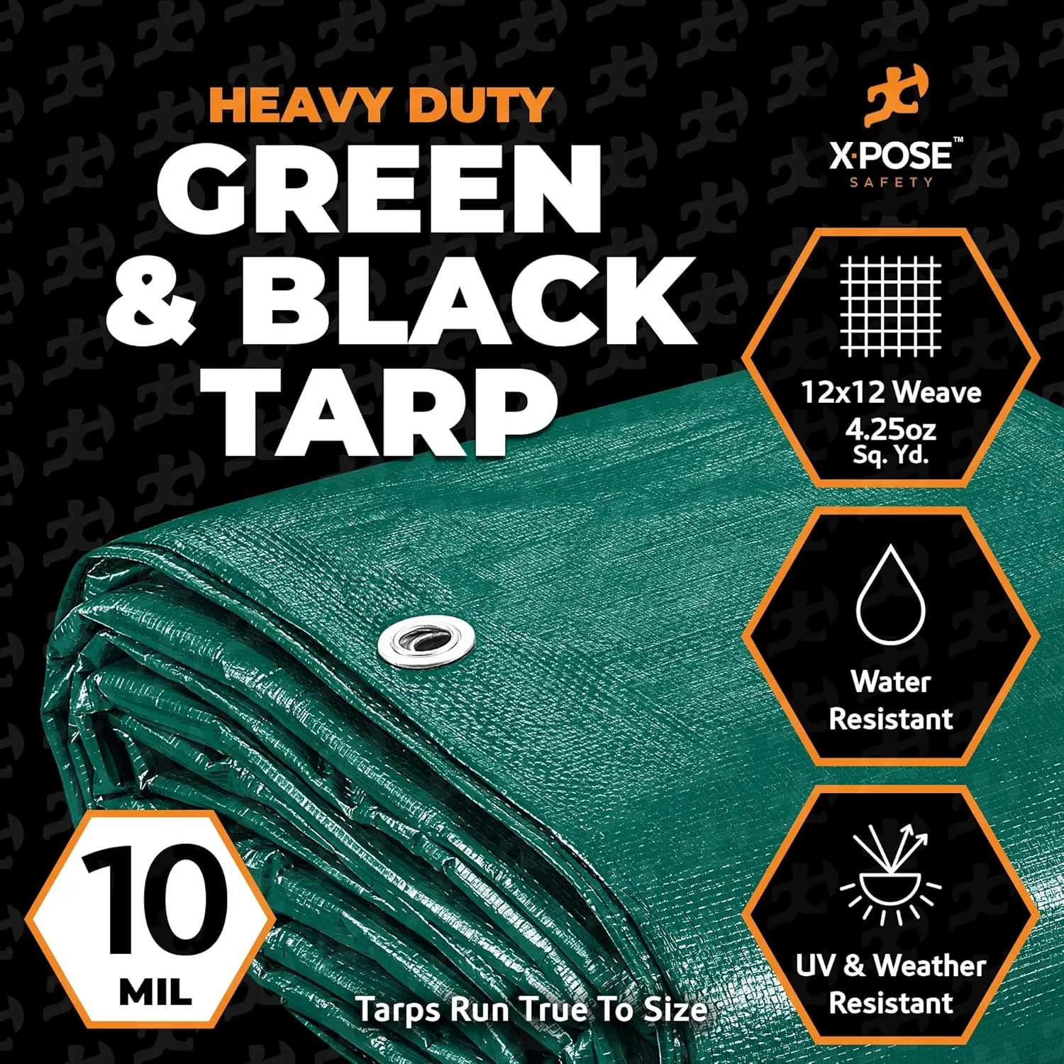 Heavy Duty Poly Tarp 20 Feet x 25 Feet 10 Mil Thick Waterproof, UV Blocking Protective Cover - Reversible Green and Black - Laminated Coating - Grommets - by Xpose Safety