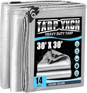 Heavy Duty Tarp 30x30 Feet, 14 Mil Waterproof Poly Tarps Cover UV Resistant, Rip & Tear Proof with Metal Grommets Every 20 Inches Silver Tarp by TA*RP YXCN