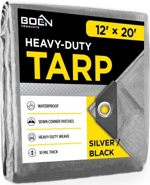 Heavy Duty Tarp Waterproof Large Cover |Silver/Black, 12' x 20' 10 Mil Thick | Rip Proof Tarps | Thick Weave Material, UV Resistant Great for Tarpaulin Canopy Tent, Boat, RV or Pool Cover