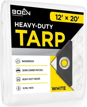 Heavy Duty Tarp Waterproof Large Cover |White, 12' x 20' 10 Mil Thick | Rip Proof Tarps | Thick Weave Material, UV Resistant Great for Tarpaulin Canopy Tent, Boat, RV or Pool Cover