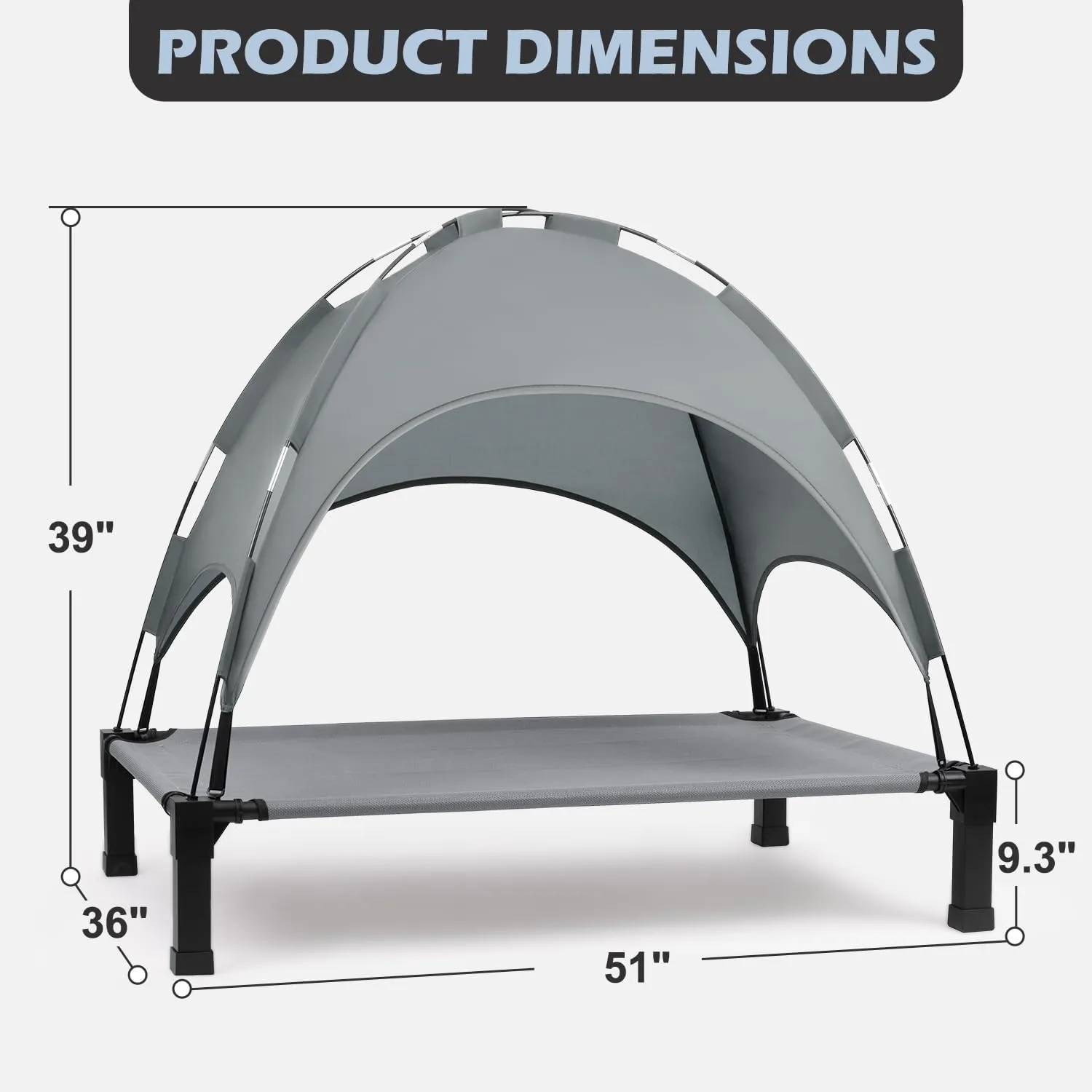 Heeyoo Elevated Dog Bed with Canopy, Outdoor Dog Bed Cot with Removable Shade Tent, Portable Raised Pet Cot Cooling Bed for Dogs and Cats, Grey
