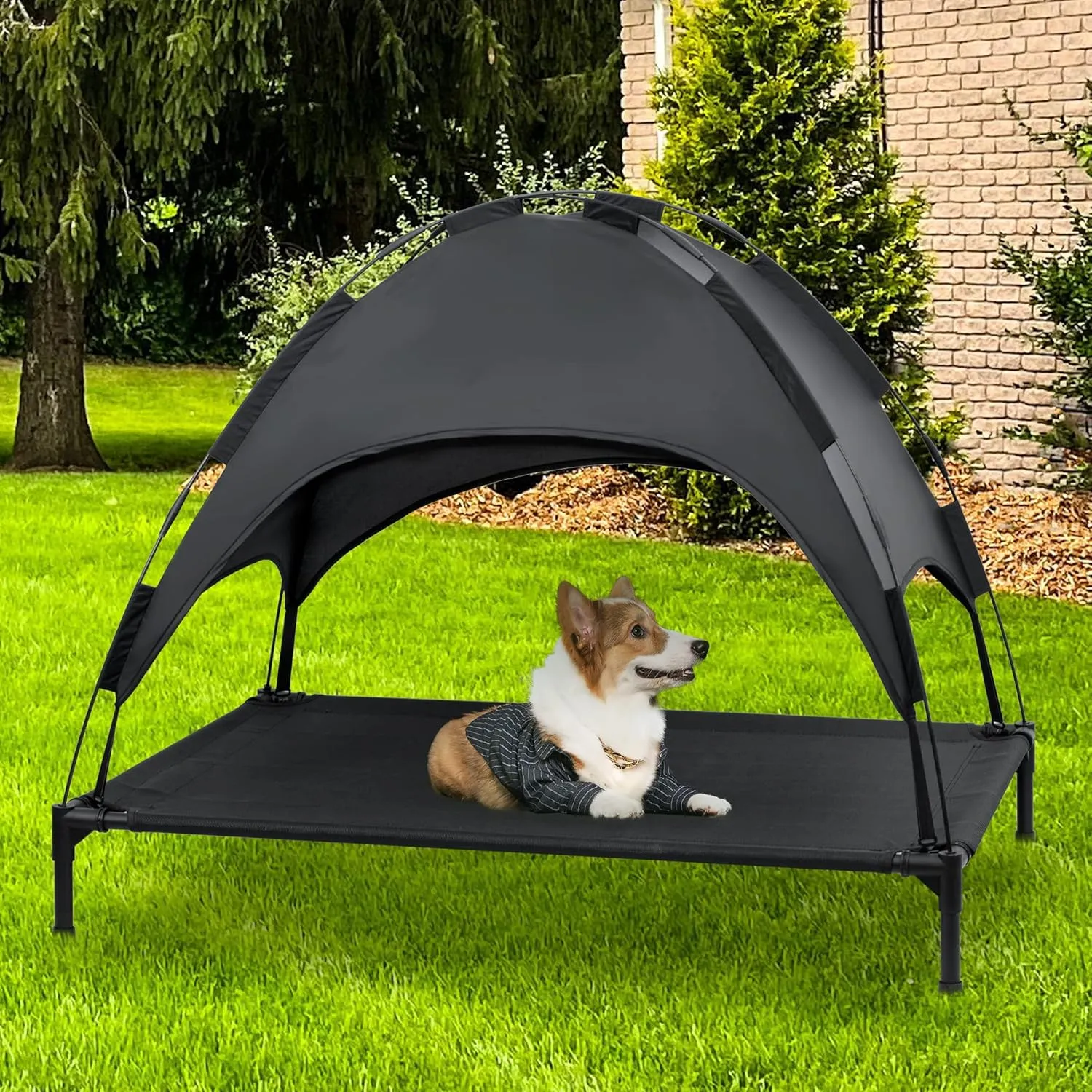 Heeyoo Elevated Dog Bed with Canopy, Outdoor Dog Cot with Removable Canopy Shade Tent, Portable Raised Pet Cot Cooling Bed for Dogs