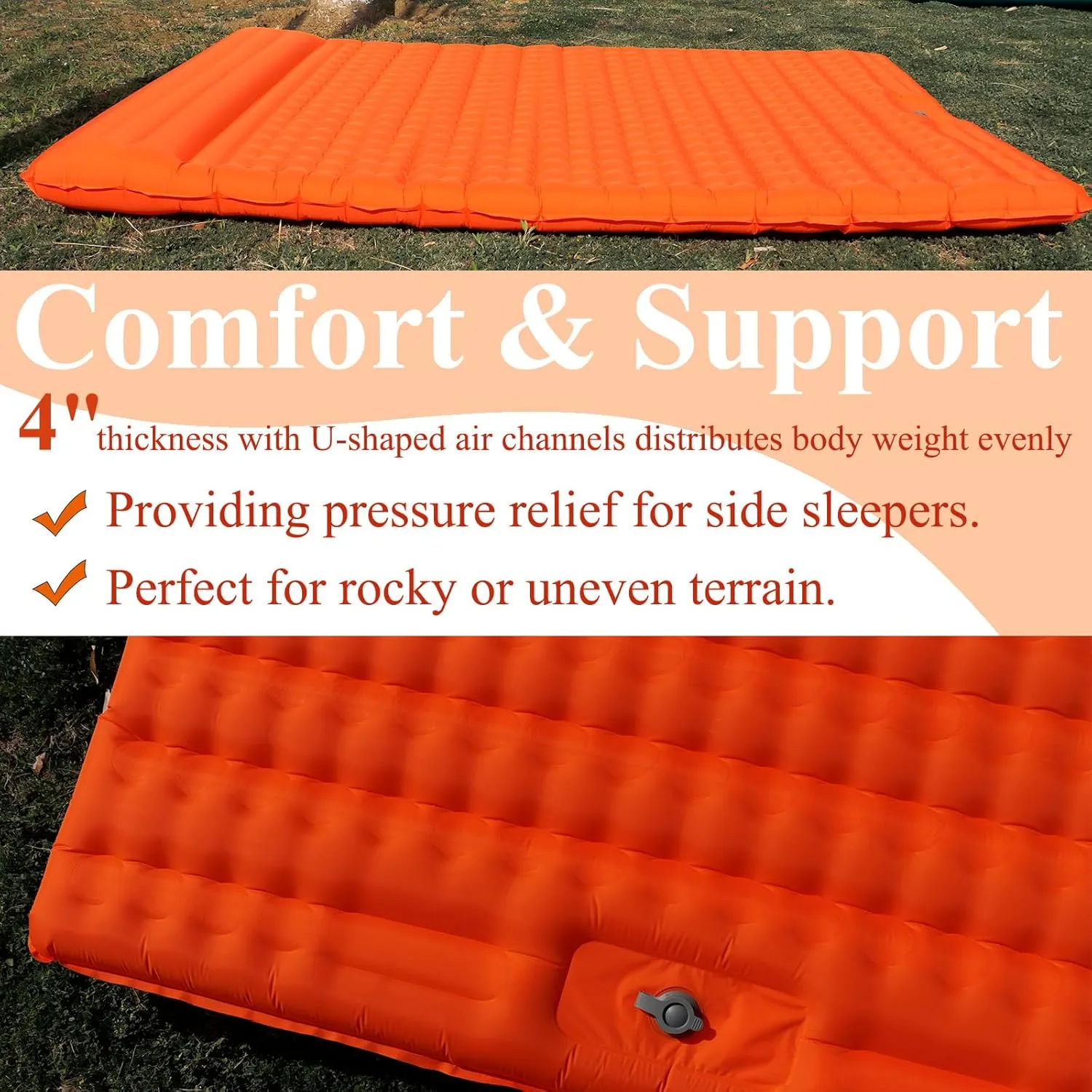 HI FINE CARE Double Camping Sleeping Pad 2 Percon, Ultralight Camping Mat with Pillow Built-in Foot Pump Inflatable Sleeping Pads Compact for Hiking Traveling Tent
