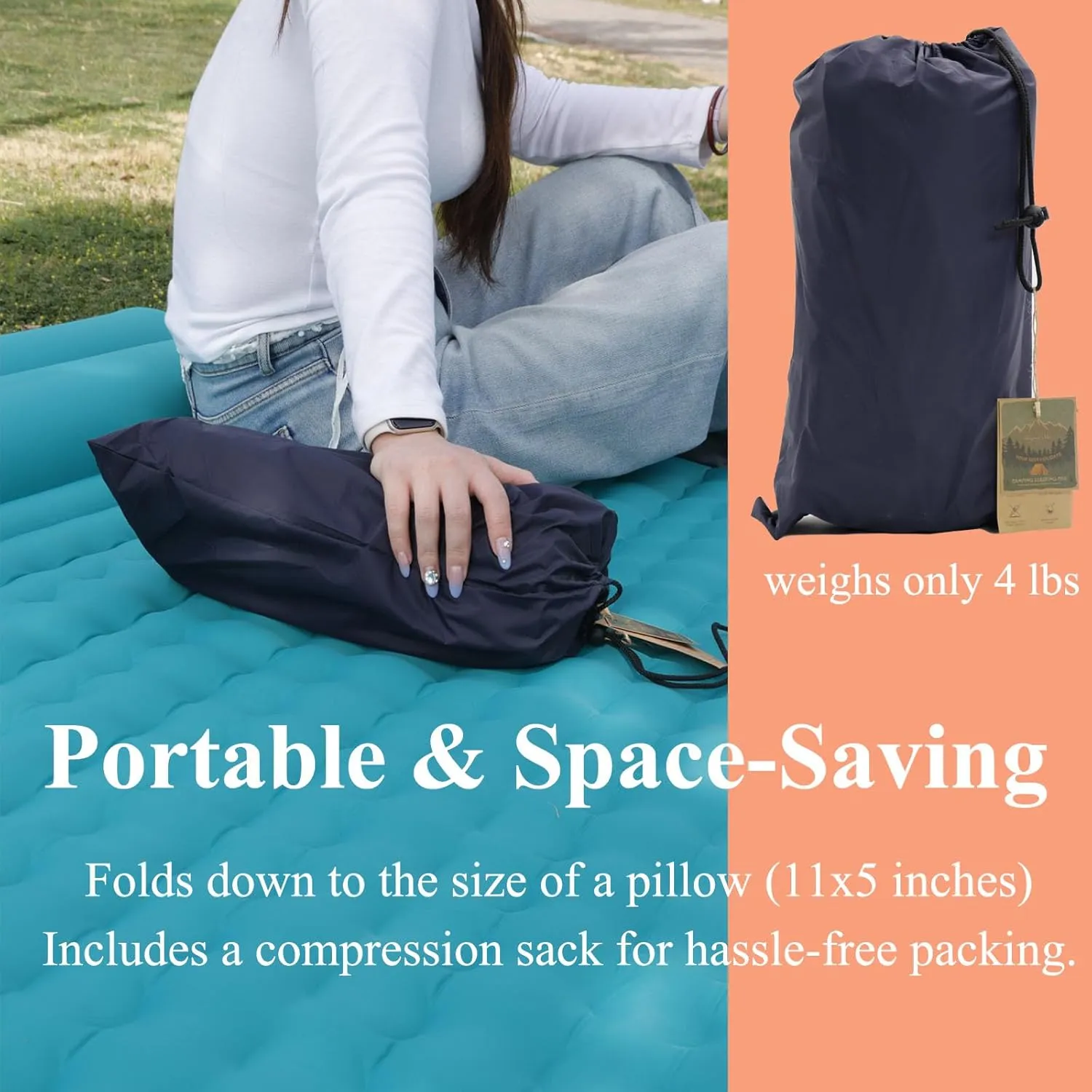 HI FINE CARE Double Camping Sleeping Pad 2 Percon, Ultralight Camping Mat with Pillow Built-in Foot Pump Inflatable Sleeping Pads Compact for Hiking Traveling Tent