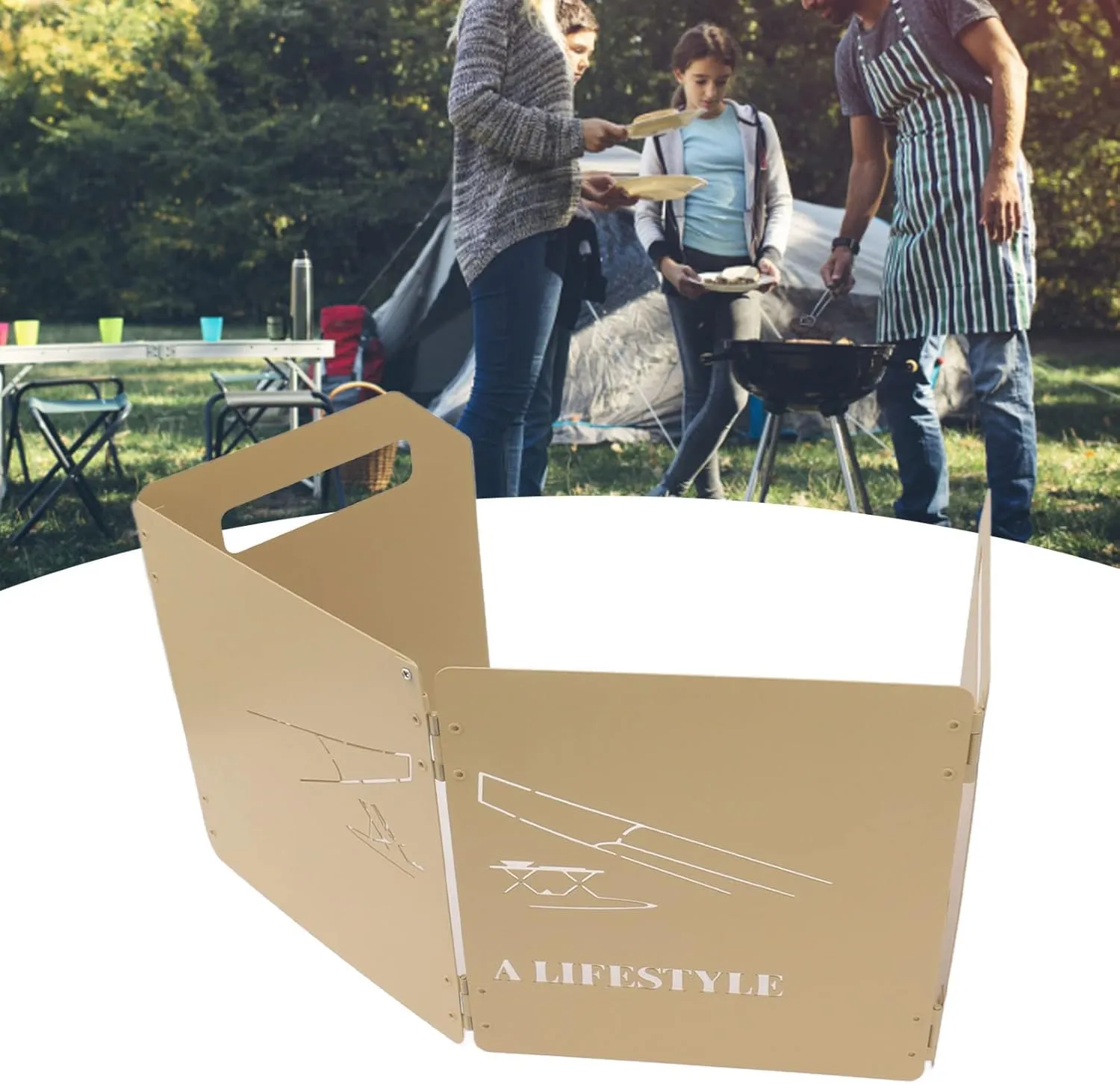 High Temp Resistant, Multipurpose, Snap Fastening, Carbon Steel Material, Foldable Stove Windscreen for Outdoors BBQ (Khaki)