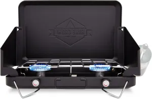 Hike Crew Gas Camping Stove | Portable Double Propane Burner | Built-in Carrying Handle, Foldable Legs & Wind Panels | Includes Regulator Tube