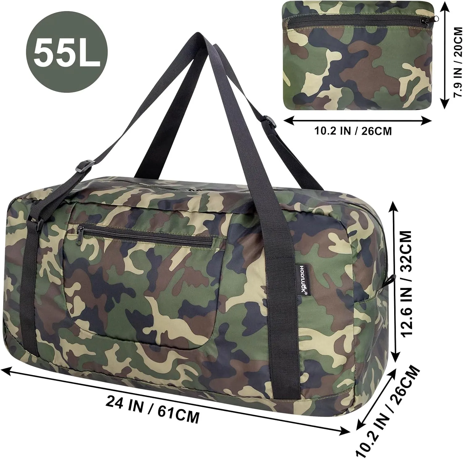 HOLYLUCK Foldable Travel Duffel Bag For Women & Men Luggage Great for Gym -55L, Green Camo