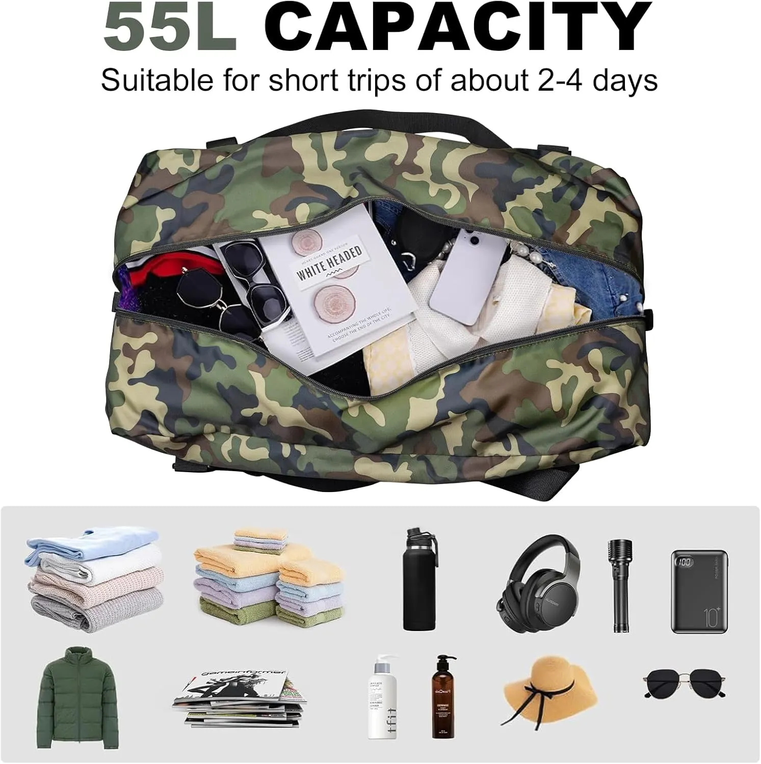 HOLYLUCK Foldable Travel Duffel Bag For Women & Men Luggage Great for Gym -55L, Green Camo