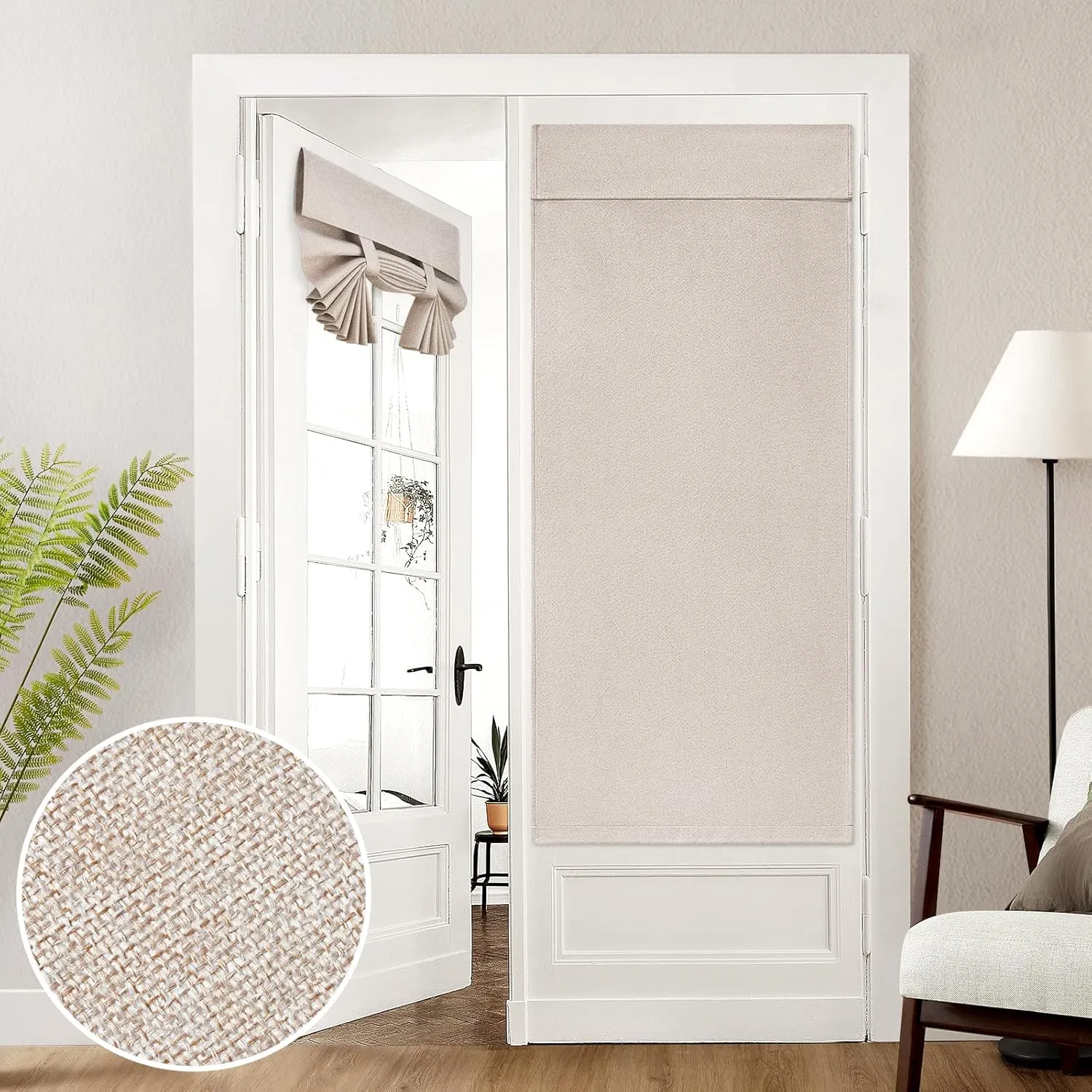 HOMEIDEAS 100% Natural Linen Blackout French Door Curtains, Privacy Door Window Curtains, 30 X 68 Inch Room Darkening Blinds, Thermal Insulated Shades for Bedroom, 1 Panel