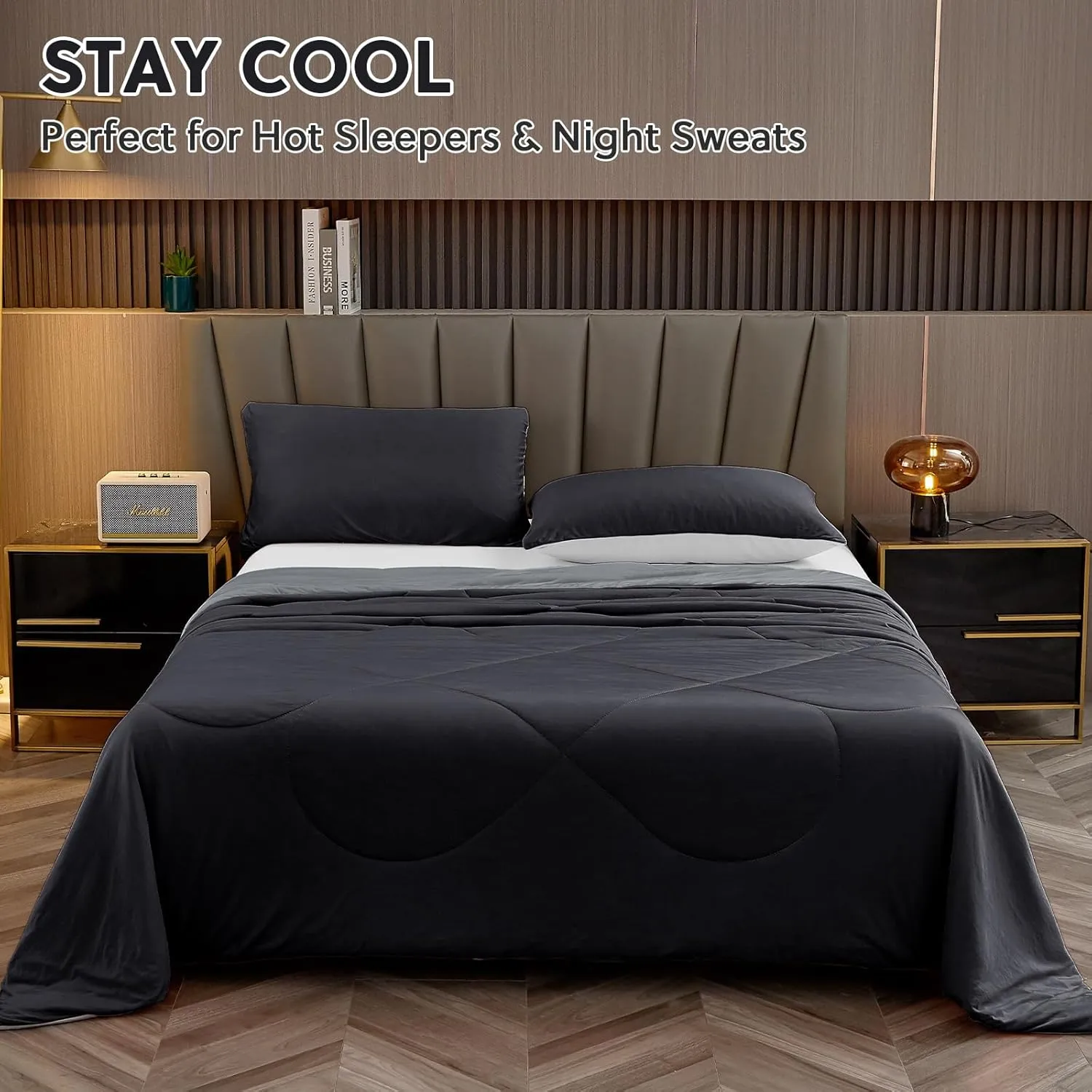HOMFINE Cooling Comforter Japanese Double-Sided Cold Tech Fabric Cooling Blanket for Night Sweats Hot Sleepers, Q-Max 0.45 Soft Breathable Silky Smooth Lightweight Black Summer Comforter King