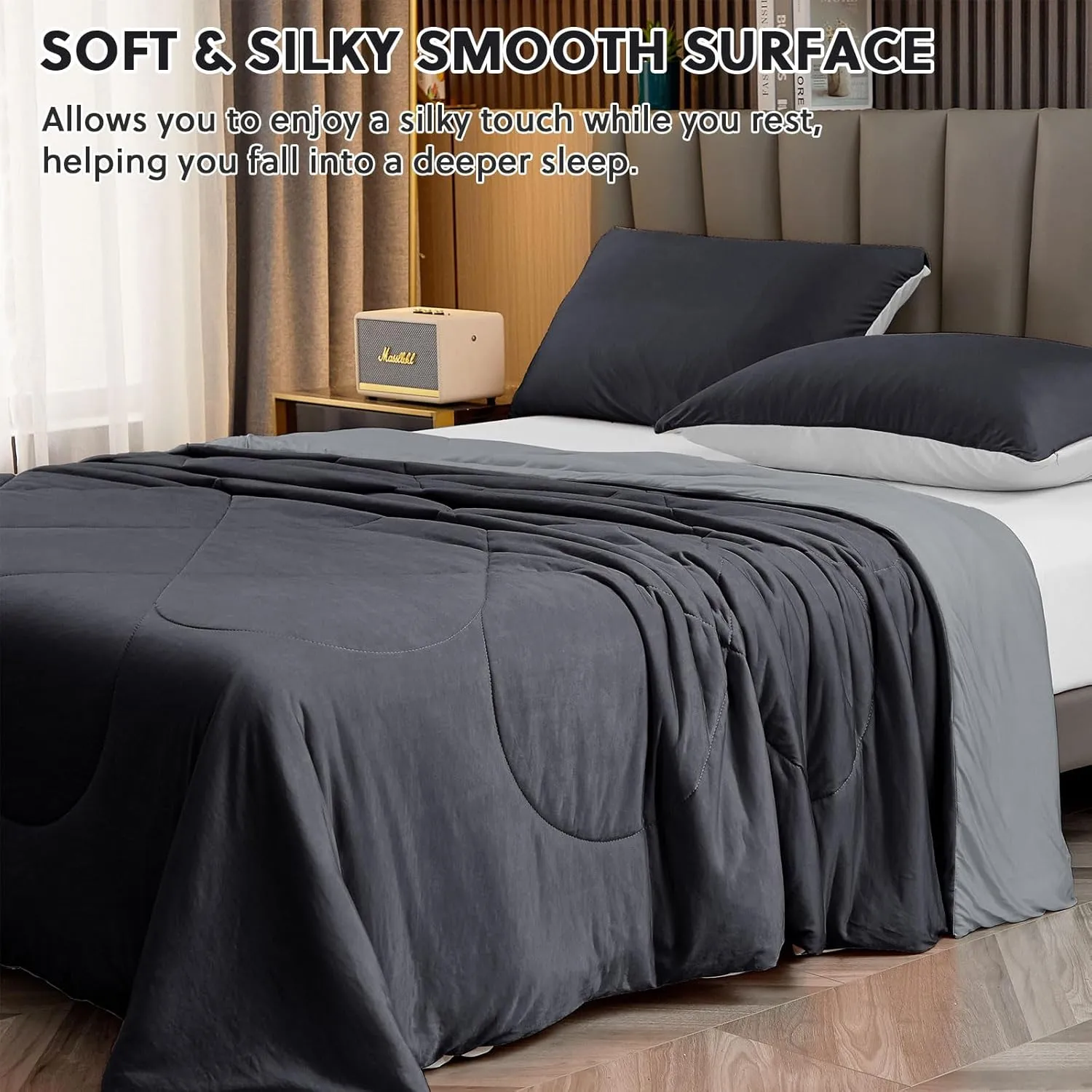 HOMFINE Cooling Comforter Japanese Double-Sided Cold Tech Fabric Cooling Blanket for Night Sweats Hot Sleepers, Q-Max 0.45 Soft Breathable Silky Smooth Lightweight Black Summer Comforter King