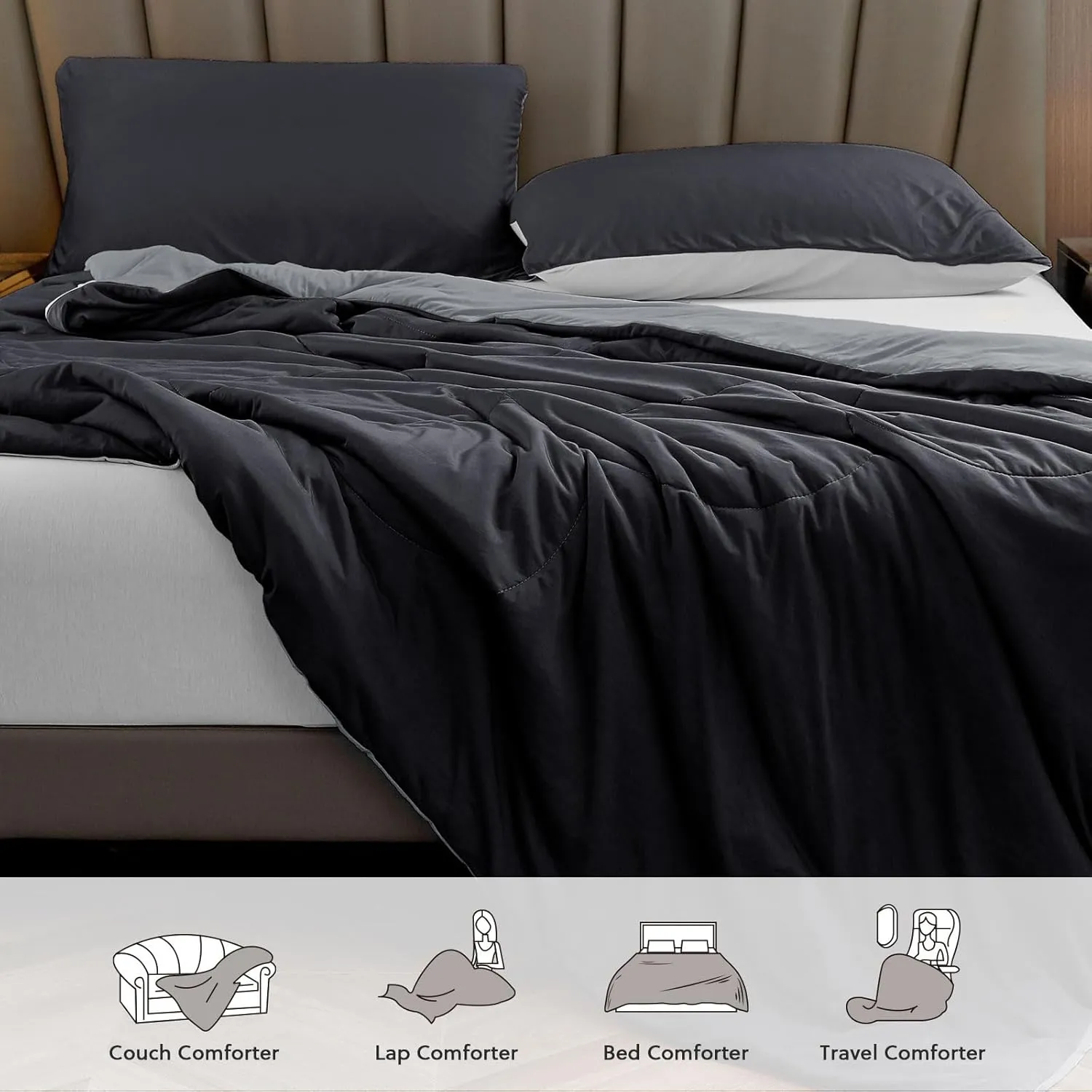 HOMFINE Cooling Comforter Japanese Double-Sided Cold Tech Fabric Cooling Blanket for Night Sweats Hot Sleepers, Q-Max 0.45 Soft Breathable Silky Smooth Lightweight Black Summer Comforter King