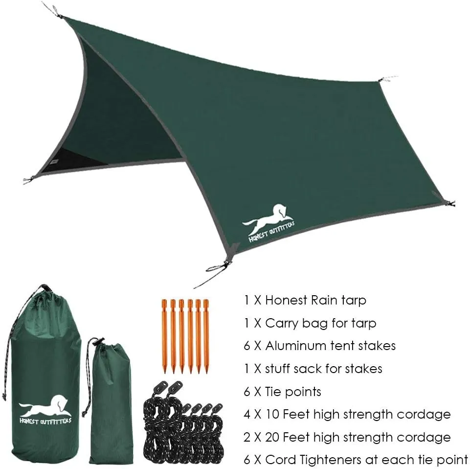 Honest Outfitters HEX waterproof Hammock Rain Fly lightweight Portable Tent Tarp,RIPSTOP NYLON XXL(12FT X 9 FT 6IN) Sunshade Shelter for Camping,Backpacking,Hiking, Easy setup include 6 Stakes&Cordage