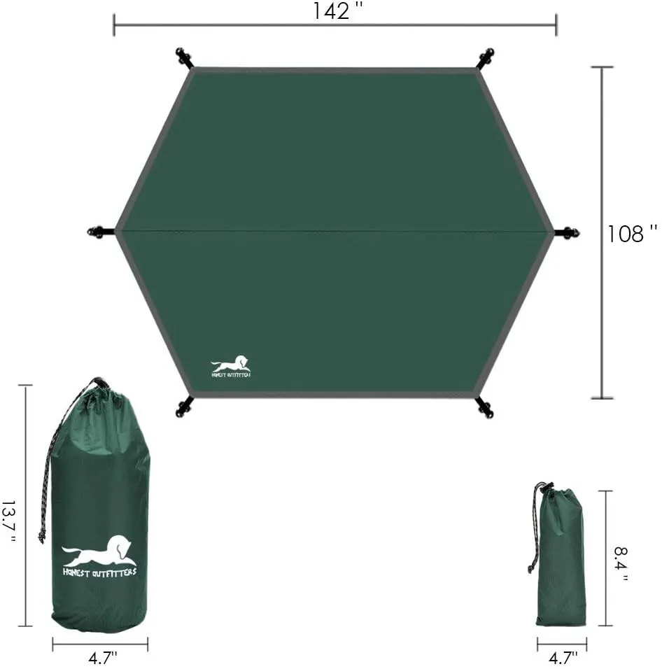 Honest Outfitters HEX waterproof Hammock Rain Fly lightweight Portable Tent Tarp,RIPSTOP NYLON XXL(12FT X 9 FT 6IN) Sunshade Shelter for Camping,Backpacking,Hiking, Easy setup include 6 Stakes&Cordage