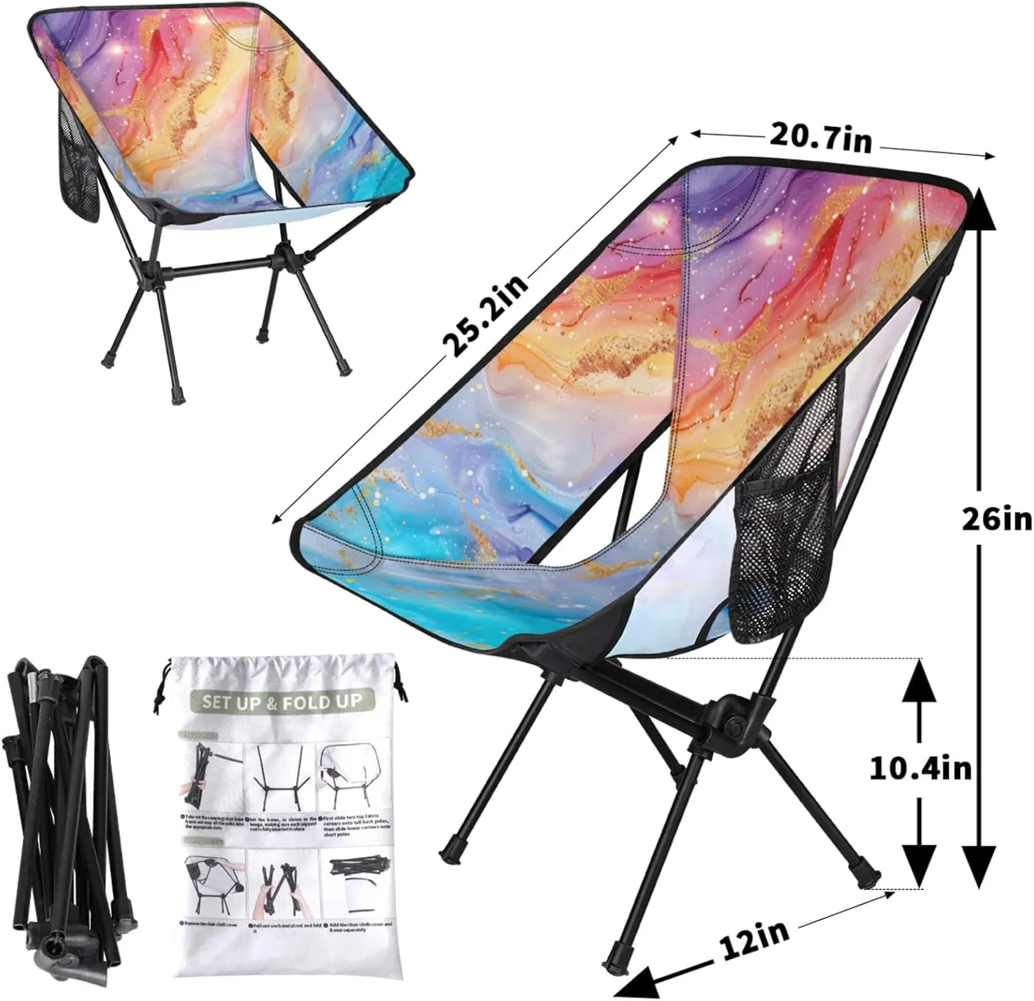 Honeybaby Folding Camping Chair Colorful Marble Pattern Camping Chairs Lightweight Portable Chair Outdoor Foldable Chairs for Camping Travel Picnic Beach Hiking
