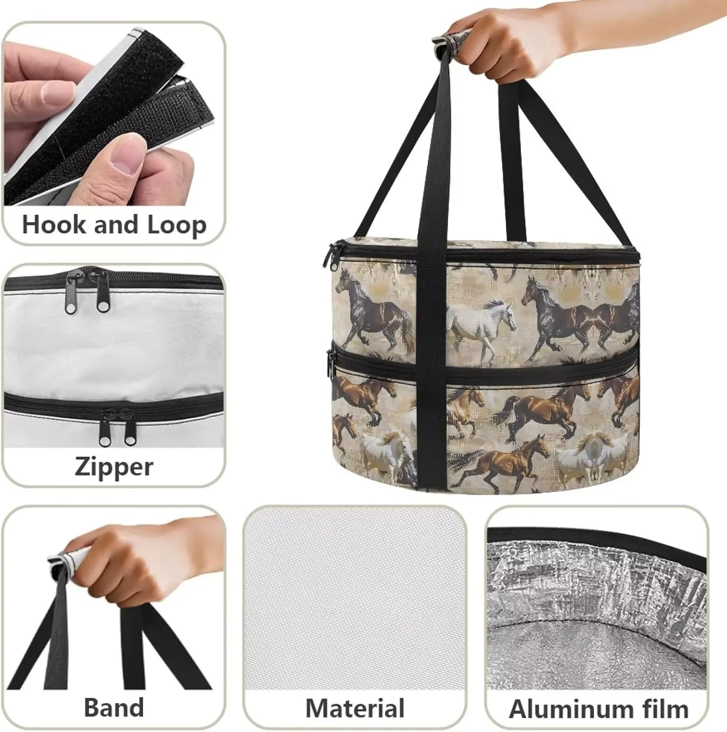 Horse Pie Carrier with Lid and Handle 9x13 Round Insulated Coolers with Zipper Collapsible Casserole Carrier for Potluck Parties Picnic
