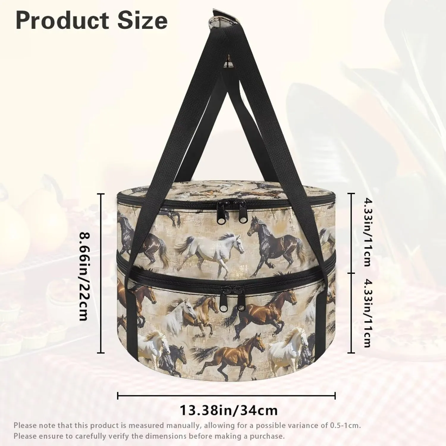 Horse Pie Carrier with Lid and Handle 9x13 Round Insulated Coolers with Zipper Collapsible Casserole Carrier for Potluck Parties Picnic