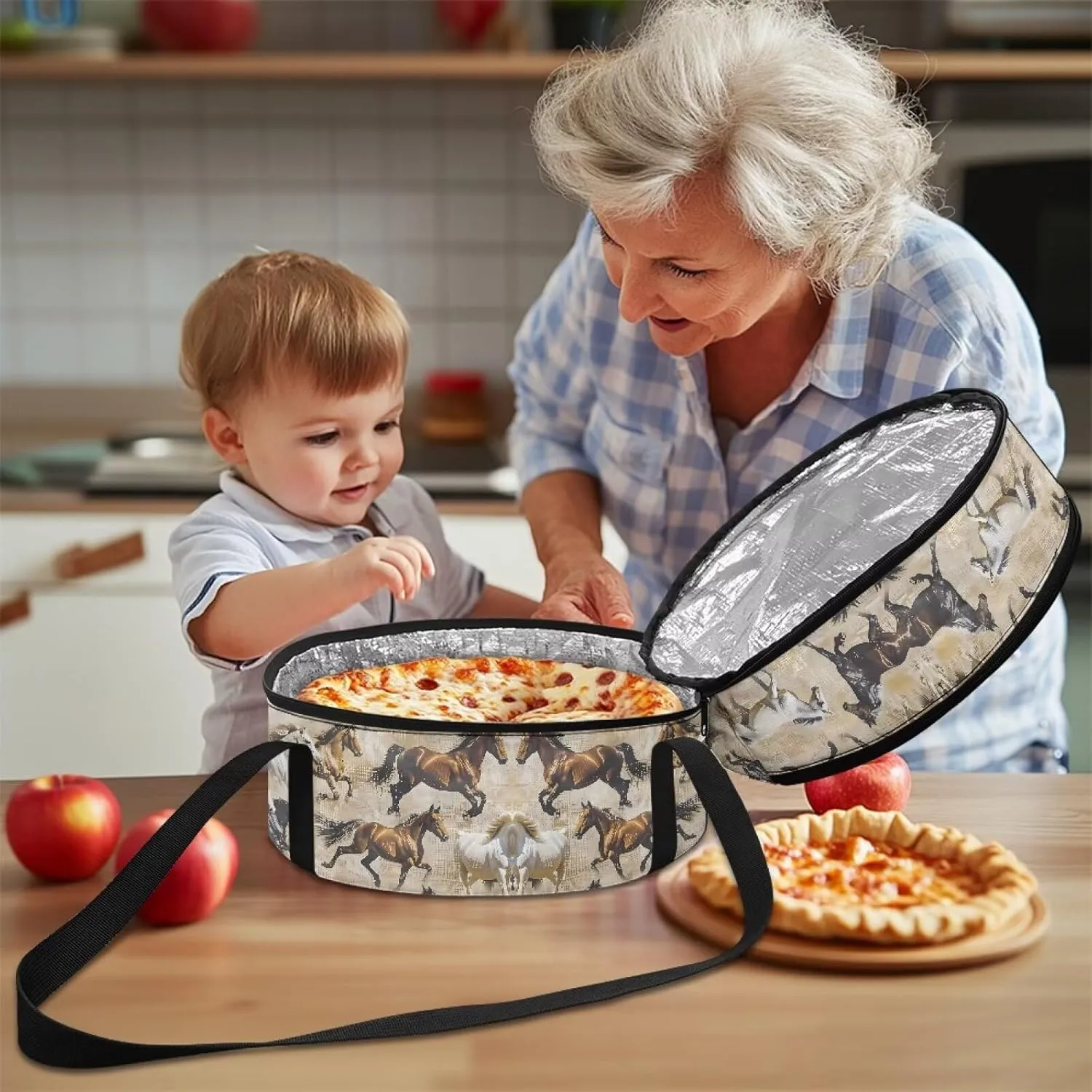 Horse Pie Carrier with Lid and Handle 9x13 Round Insulated Coolers with Zipper Collapsible Casserole Carrier for Potluck Parties Picnic