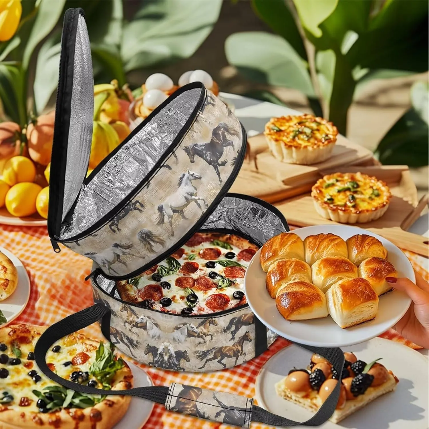 Horse Pie Carrier with Lid and Handle 9x13 Round Insulated Coolers with Zipper Collapsible Casserole Carrier for Potluck Parties Picnic