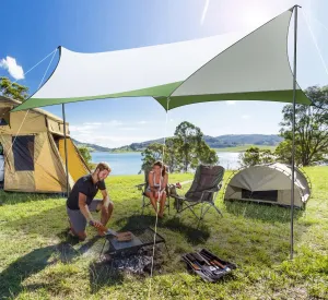 HOTEEL Camping Tarp Rain Fly, 14×12FT Waterproof Camping Awning with 2 Poles for Tent Hammock Truck, Portable Camping Shade Sun Shelter for Camping, Picnic, Hiking, Backpacking (Green & Grey)