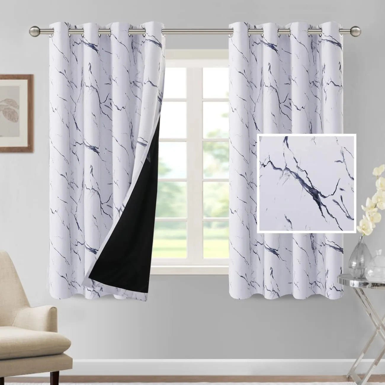 H.VERSAILTEX 100% Blackout Curtains 63 inch Length 2 Panels Set Marble Designs Printed Drapes Thermal Curtains for Bedroom with Black Liner Sound Proof Curtains, Dark Blue