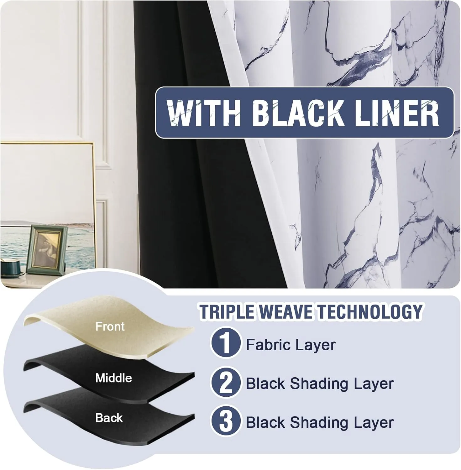 H.VERSAILTEX 100% Blackout Curtains 63 inch Length 2 Panels Set Marble Designs Printed Drapes Thermal Curtains for Bedroom with Black Liner Sound Proof Curtains, Dark Blue