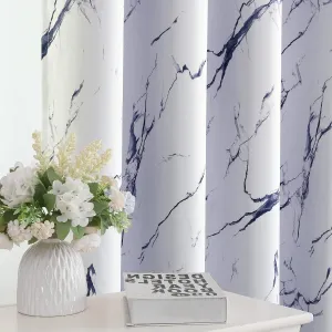 H.VERSAILTEX 100% Blackout Curtains 63 inch Length 2 Panels Set Marble Designs Printed Drapes Thermal Curtains for Bedroom with Black Liner Sound Proof Curtains, Dark Blue