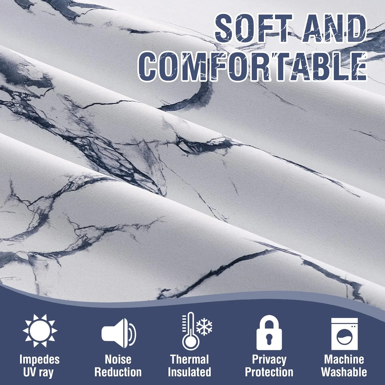 H.VERSAILTEX 100% Blackout Curtains 63 inch Length 2 Panels Set Marble Designs Printed Drapes Thermal Curtains for Bedroom with Black Liner Sound Proof Curtains, Dark Blue