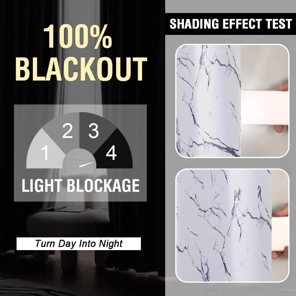 H.VERSAILTEX 100% Blackout Curtains 63 inch Length 2 Panels Set Marble Designs Printed Drapes Thermal Curtains for Bedroom with Black Liner Sound Proof Curtains, Dark Blue